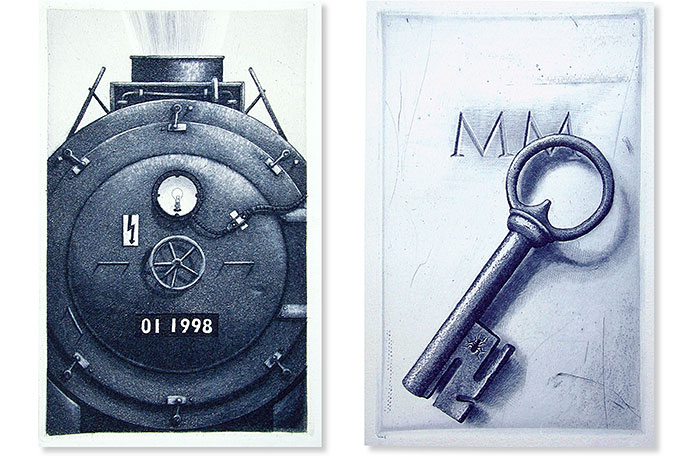 Neujahrskarte, Lokomotive und Schlüssel
